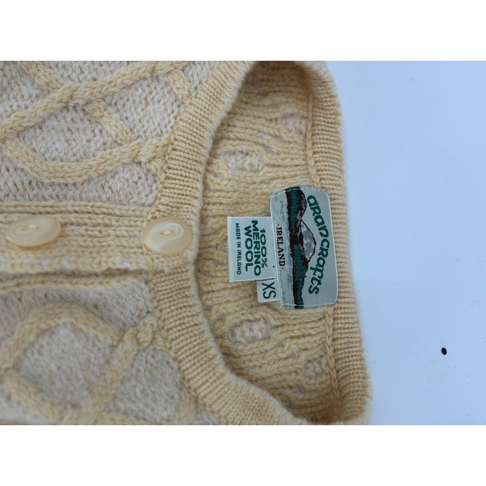 Aran Crafts Ireland 100% Merino Wool Cardigan Sweater Diamond Cable Knit XS - Picture 3 of 5